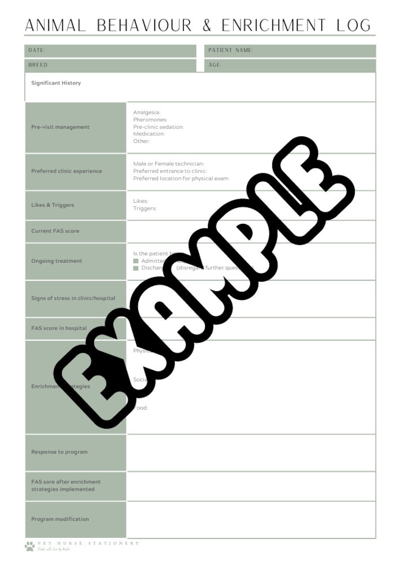Animal Behaviour Enrichment Logbook for Vet Nurse Vet Tech Student - Etsy
