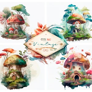 watercolor mushroom house, cute mushroom house, watercolor fairy house, watercolor mushroom to scrapbooking, cute mushroom house prints