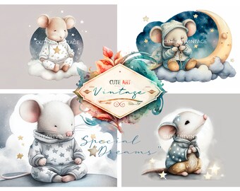 Söta akvarellmöss, söt akvarellmus, dekorera, vykort, söta möss för scrapbooking, möss i piyama, akvarellmöss, musvykort