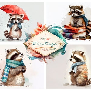 watercolor raccoon, raccoon in scarf, raccoon watercolor clipart, raccoon digital art, raccoon drawing, victorian raccoons, cute raccoons