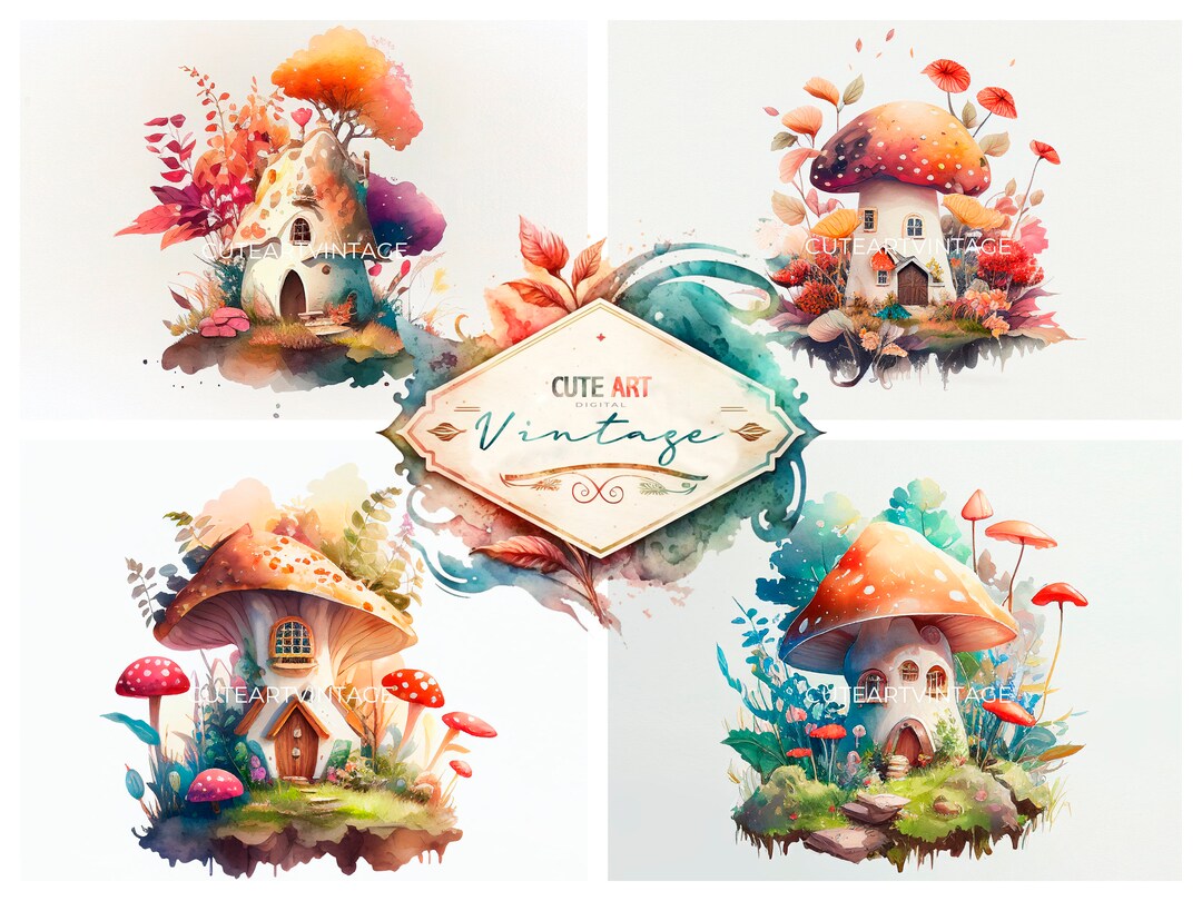 Watercolor Mushroom House, Cute Mushroom House, Watercolor Fairy House ...