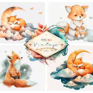 Renard aquarelle mignon, images numériques pour cartes de voeux, dessin d'un petit renard endormi, scrapbooking renard, clipart renard numérique, renard mignon