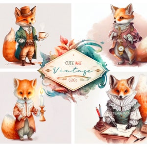 renards aquarelles victoriens, renards victoriens pour le scrapbooking, illustrations de renards, dessin d'un gentleman renard, dessins de renards aquarelles