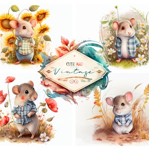 Ratos aquarela, mouse fofo, ilustração infantil, impressão, para cartões de convite, cartazes, scrapbooking, arte digital aquarela estilo vintage.