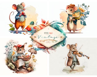 Akvarellmöss, akvarellmus, akvarellmusillustration, barns musillustration, scrapbooking, söta möss, utskrivbara kort