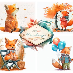 Renard aquarelle mignon, images numériques de renards pour cartes de voeux, dessin d'un renard avec des ballons, scrapbooking renard, clipart renard numérique,