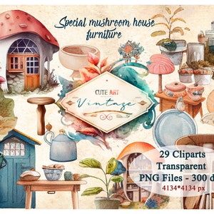 watercolor mushroom house furniture clipart, watercolor mushroom clipart, png mushroom house clipart, cliparts for scrapbooking, png clipart