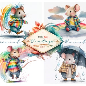 Ratos aquarela, mouse aquarela fofo, ilustração de rato infantil, ratos aquarela com arco-íris, impressão de mouse arco-íris, cartão de mouse arco-íris