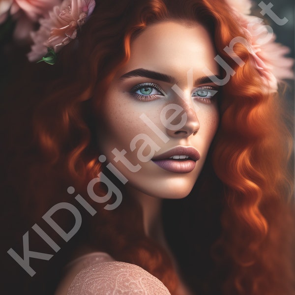 Portrait einer rotharrigen Frau mit Sommersprossen, moderne Kunst, moody Aesthetic, Wanddekoration, digitaler Download, Ginger Hair,romantic