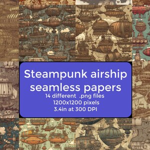 May include: A set of 14 digital seamless patterns featuring steampunk airships in various styles. The patterns are in shades of brown, beige, blue, and red. Each pattern is 1200x1200 pixels and 3.4 inches at 300 DPI.  Steampunk airship seamless papers. 14 different .png files. 1200x1200 pixels. 3.4in at 300 DPI.