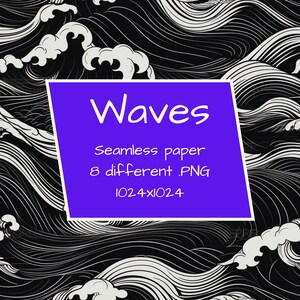 Puede incluir: Patrón sin costuras en blanco y negro de olas. El patrón se repite y crea un efecto fluido y dinámico. El texto "Waves" está en un cuadro morado con las palabras "Seamless paper", "8 different .PNG", y "1024x1024" debajo.