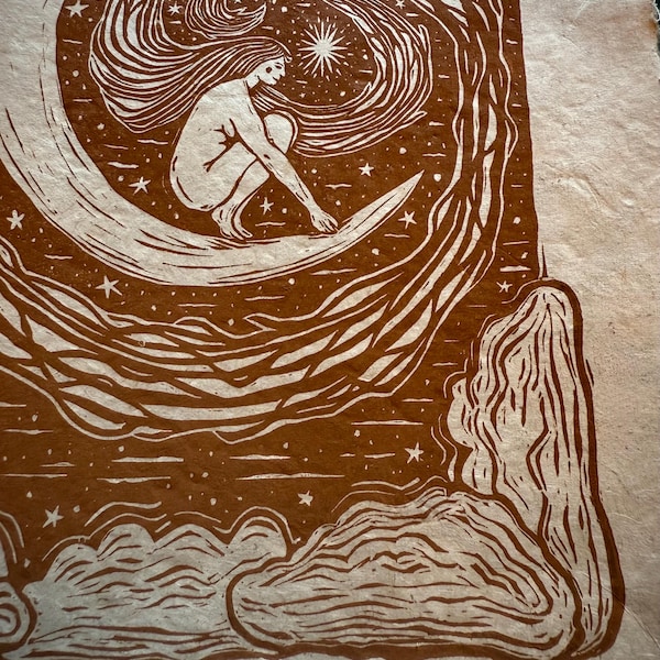 Linograbado "Cabello" impreso a mano sobre papel Lokta hecho a mano | Linograbado | Impresión en linóleo