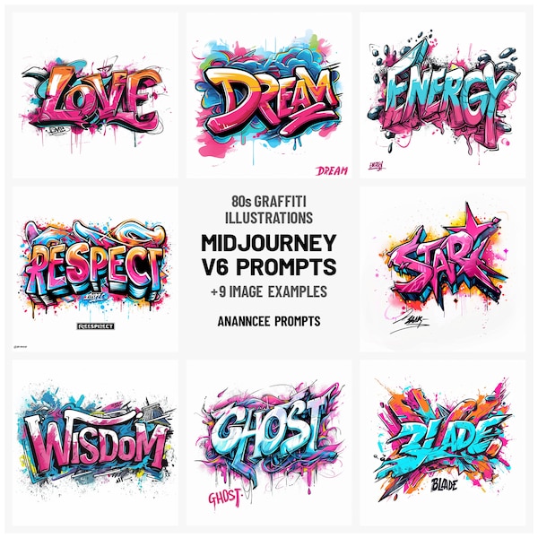 Midjourney Prompt | Instant 80s Graffiti Art Illustrations | Midjourney Prompt Guide | AI Art | Verified and Customizable | Digital Download