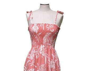 Classic Hibiscus Coral Hawaiian Midi Dress for Summer Made in Hawaii