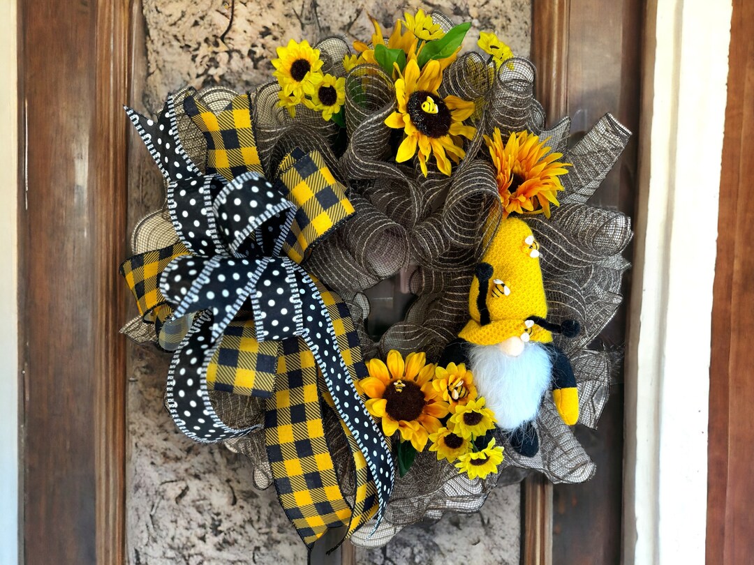 22” Bumblebee Gnome Wreath | Birthday | Housewarming | Front Door ...