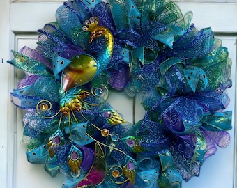 Beautiful Vibrant 24" Deco Mesh Peacock Wreath | Everyday Wreath | Housewarming Gift | Birthday Gift