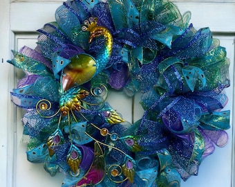 Stunning 24" Deco Mesh Peacock Wreath | Everyday Wreath | Housewarming Gift | Birthday Gift