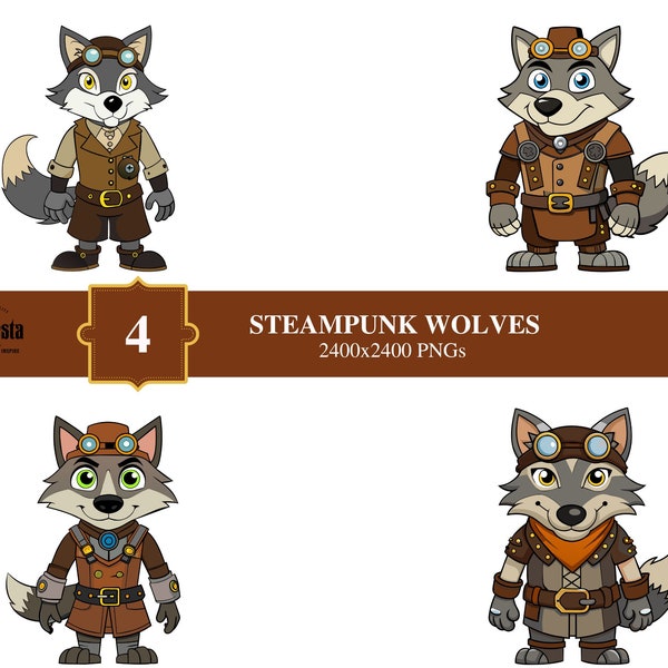 Majestic Steampunk Wolves Illustrations Pack - 2400x2400 High-Res Canine Mechanical Art for Unique Creations