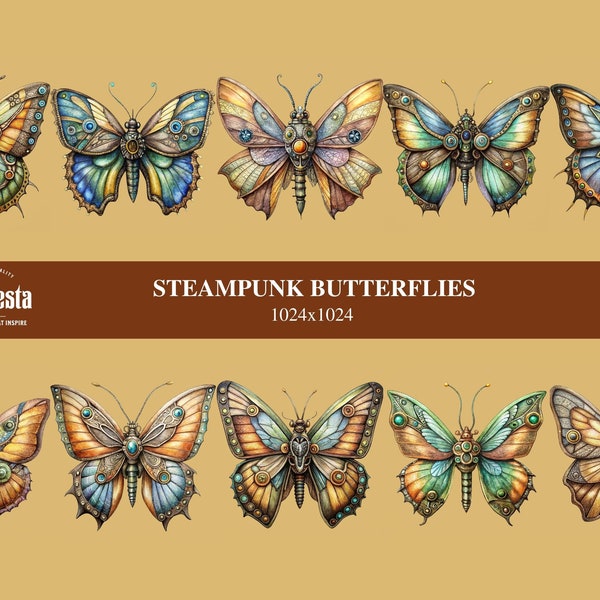 Mechanical Majesty Steampunk Butterflies Clipart - 1024x1024 Intricate Butterfly Illustrations, Hand-Drawn Style