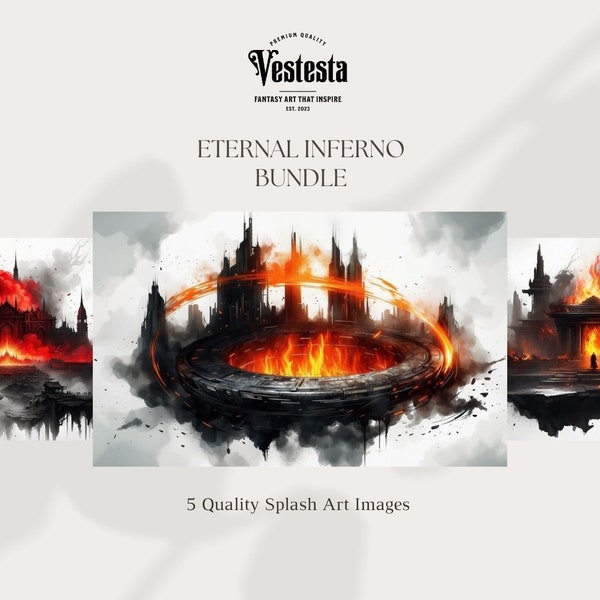 Eternal Inferno Digital Art Series: Mythical Fires Enveloping Majestic Architecture, Symbolic High-Resolution Prints for Unique Displays