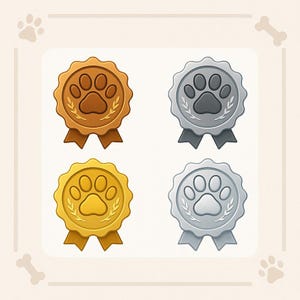 ペット賞バッジ SVG クリップアート – ブロンズ、シルバー、ゴールド、プラチナの足跡メダル – トレーニング、ログ、プランナー用のデジタルステッカー