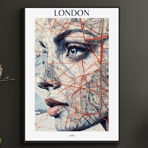 ロンドンの地図アート - 女性のシルエットアート - ミニマリストの壁プリント - ユニークなロンドンのポスター - 女性的な都会のアート - カスタマイズ可能