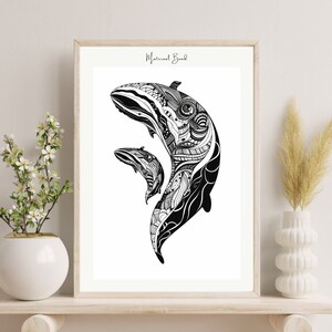 Whale Mother and Cub Sketch Poster Print - Nautical Nursery Wall Art - Mothers Embrace - gift - baby shower party - Maternal Bond