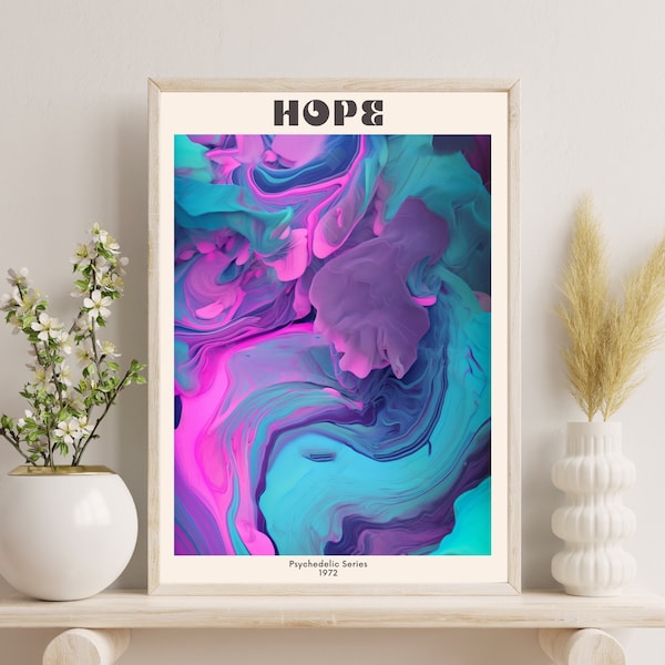 70s Psychedelic Aura Poster Print - Retro Wall Art, Vintage Decor, Boho Room Decor, Hippie Vibes, Nostalgic, Throwback, cyan, magenta