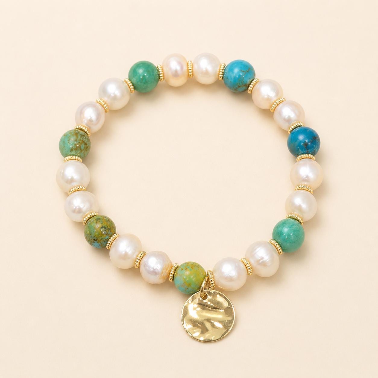 Coastal Pearl Bracelet with Turquoise Beads and Gold Disc Charm