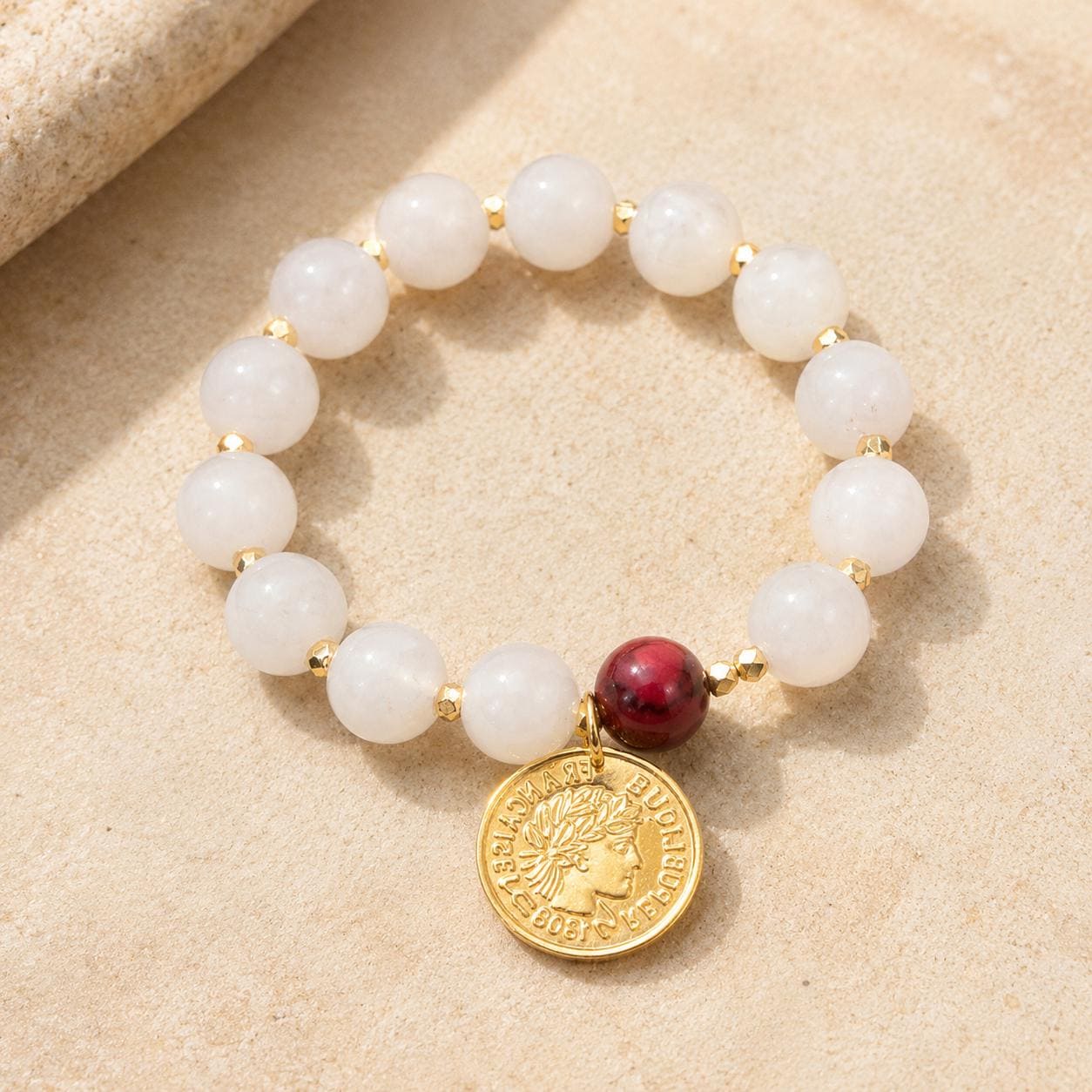 Coastal Pink and Red Coral Gold Charm Beaded Bracelet