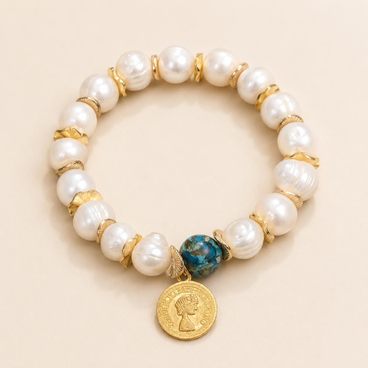 Pearl Stretch Bracelet with Turquoise Style Focal Bead, Gold Coin Charm Bracelet