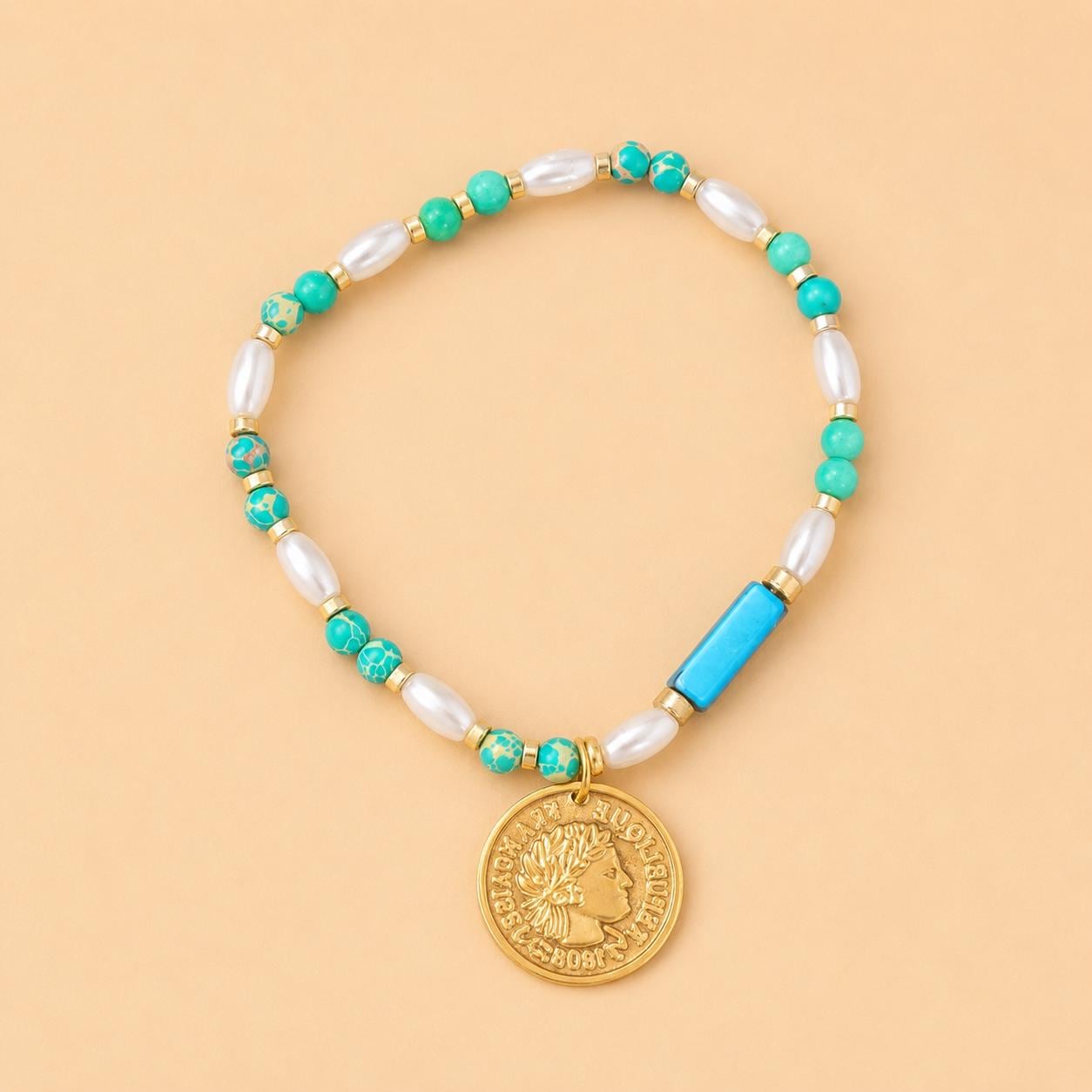 Coastal Coin Charm Beaded Bracelet
