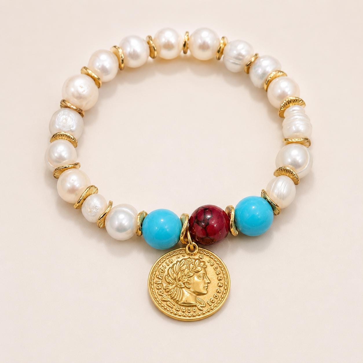 Pearl Stretch Bracelet with Turquoise Blue and Red Accent Beads with Gold Coin Charm