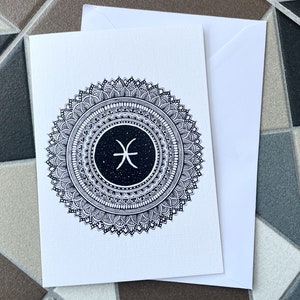 Carte de voeux Poissons, art mandala, joyeux anniversaire, carte de signe astrologique pour anniversaire février mars