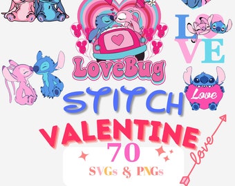 70 points Saint-Valentin SVG Bundle, Saint-Valentin svg, svg extraterrestre bleu et png Saint-Valentin, Stitch et Angel Saint-Valentin SVG PNG dxf Stitch Love