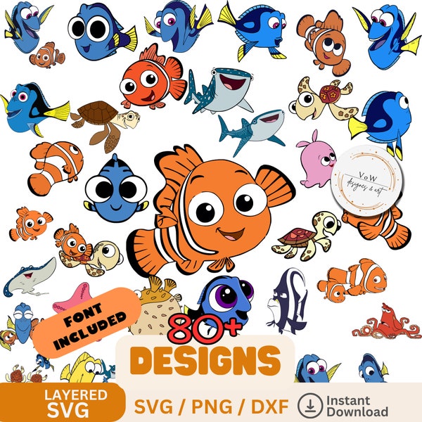 240 couches de SVG Nemo, Finding svg, Nemo PNG, svg Dory, clipart Nemo pour cricut, téléchargement immédiat de polices Nemo OTF - fichiers en couches