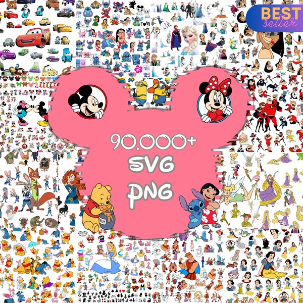 Plus de 90 000 méga fichiers Svg Bundle Cricut en couches, Mickey Mouse, Minnie, la Reine des neiges, Moana, Ariel, Elsa, Stitch, Toy Story, ourson PNG SVG