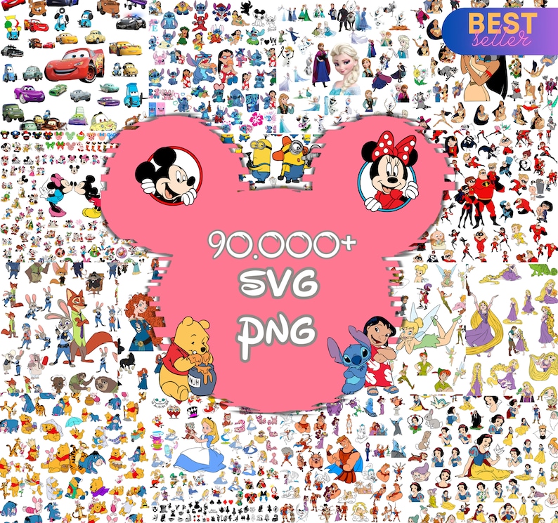 Plus de 90 000 méga fichiers Svg Bundle Cricut en couches, Mickey Mouse, Minnie, la Reine des neiges, Moana, Ariel, Elsa, Stitch, Toy Story, ourson PNG SVG image 1