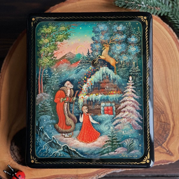 Miniature de laque de boîte russe, boîte de Noël faite à la main, boîte à bijoux russe, boîte de conte de fées russe