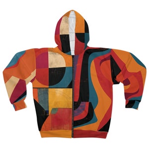 Asymmetrical Balance - Unisex Zip Hoodie (AOP) - All over print - geometric minimalism - retro colors - warm colors - retro vintage hoodie