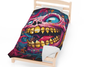 Cyclorama Pink Monster - Velveteen Plush Blanket - skull art - home decor - home decoration - unique design - unique graphic - cool blanket