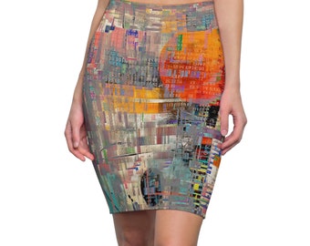 digital noise, mixed media, glitch art, Women's Pencil Skirt (AOP)