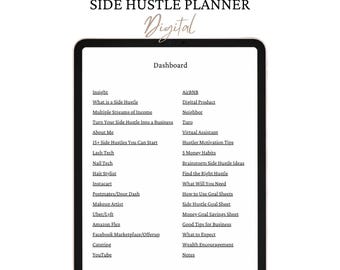 Op de afbeelding: Een digitale tablet met een Side Hustle Planner dashboard met een lijst van zakelijke categorieën en planningstools, waaronder Insight, AirBNB, Digital Product, Neighbor, Turo, Virtual Assistant en diverse doelbladen voor het bijhouden van inkomsten.