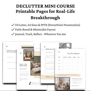 Pode incluir: Um conjunto de páginas imprimíveis para um mini-curso de desapego. As páginas incluem texto e gráficos, com títulos como "Espaço de Reflexão" e "Seu Novo Ritmo". O curso é baseado na fé e está disponível em formato A4.
