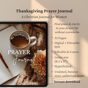 Prayer Journal for Women: Thanksgiving Faith-Based PDF, Christian Devotional Planner, Digital Prayer Request Tracker