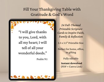 Thanksgiving Scripture Cards: Editable Fall Bible Verse Notes, Printable Gratitude Prompts, Digital Download PDF