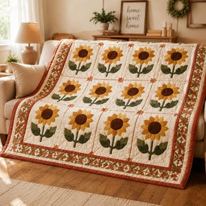 Sunflower Quilt Pattern PDF, Sunflower Garden Applique Throw Quilt Pattern, Floral Quilt Pattern Digital Download, Beginner Quilt Pattern