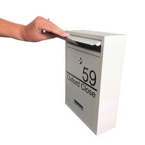 Personalised White Steel Wall Mounted Modern Post Box, Mail Box | Full Custom Address