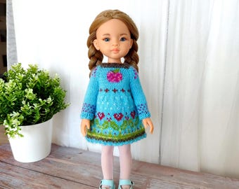 Äppelklänning i ull till Paola Reina docka, 33 cm: Handstickad outfit