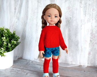 Handstickad outfit till Paola Reina docka, orange tröja, blå shorts, damasker
